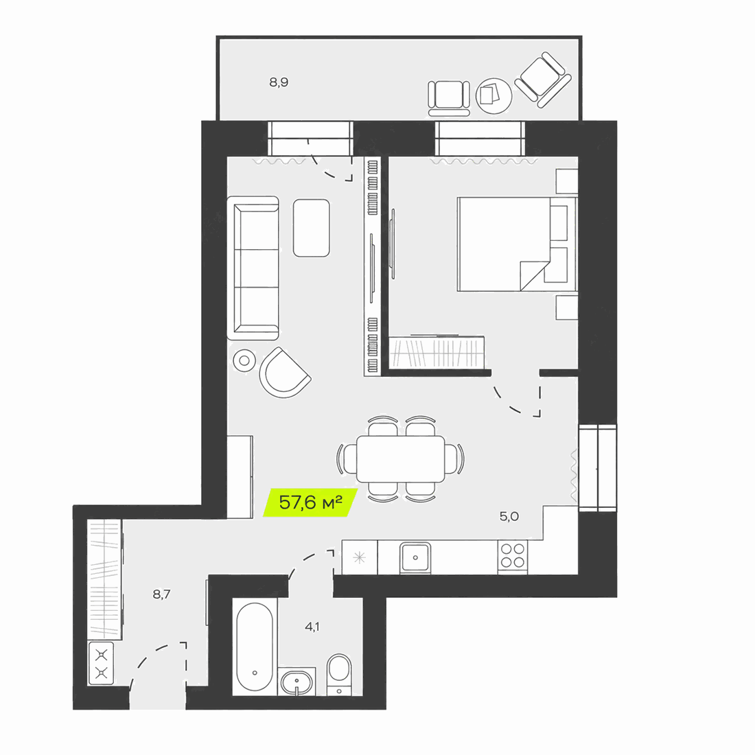 Планировка 2-комнатной квартиры 57,6 м²