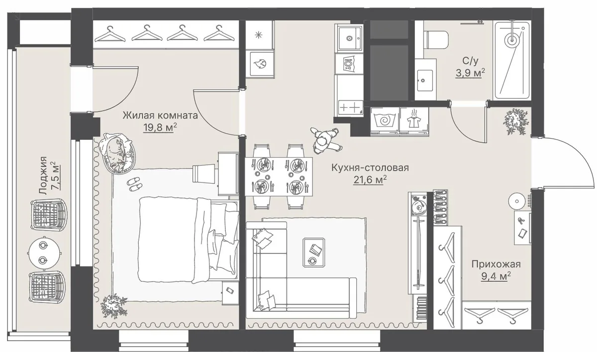 Планировка 2-комнатной квартиры 58,5 м² в ЖК «Кедровый»
