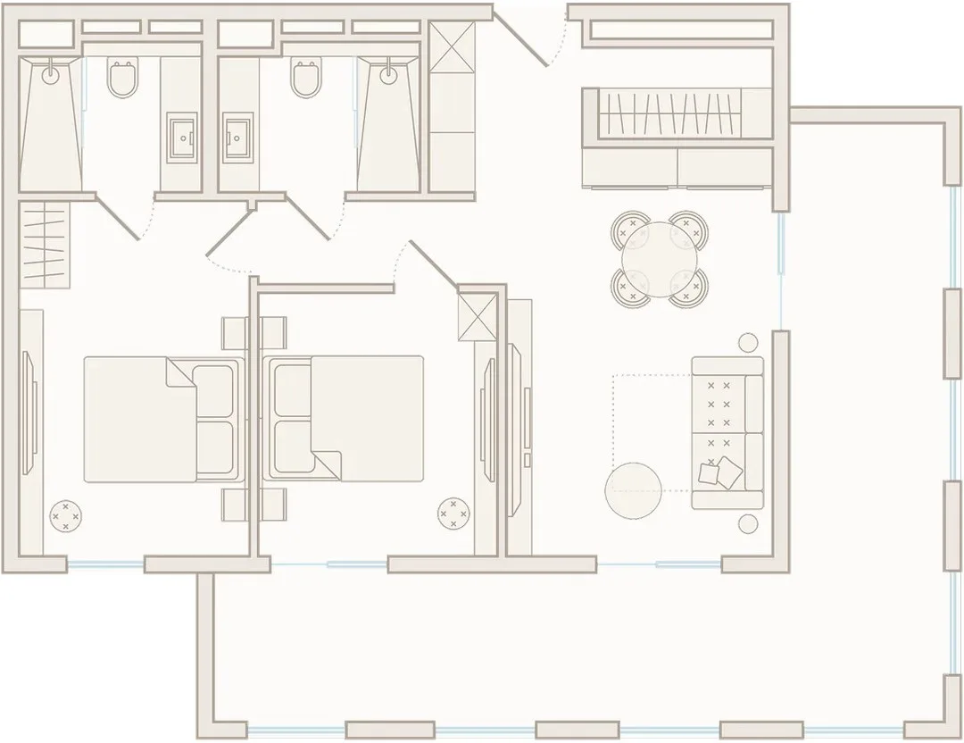 Трёхкомнатный номер 158 м² — интерьер и планировка