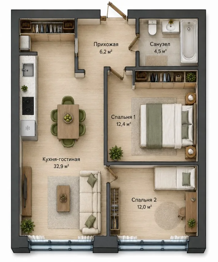 Планировка евро-трёшки 3С от 68 м²