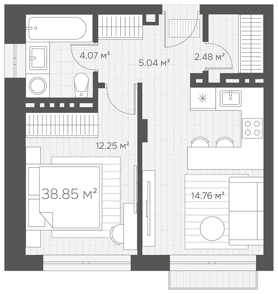 Планировка евро-двушки 38,85 м² в квартале УМУН, Усть-Муны