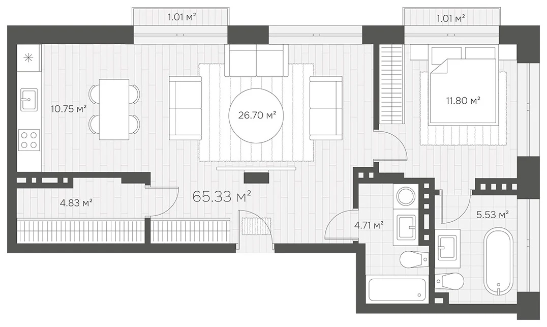 Планировка евро-двушки 65,33 м² с двумя санузлами в квартале УМУН